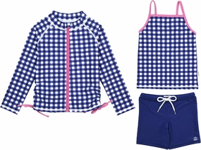 SwimZip Girls' 3 Pc Swim Set w/Long Sleeve Rash Guard, Tankini & Shorts UPF 50 