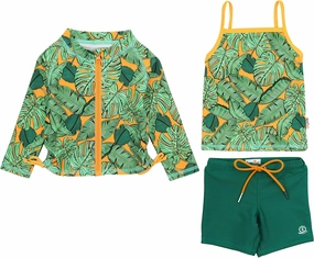 SwimZip Girls' 3 Pc Swim Set w/Long Sleeve Rash Guard, Tankini & Shorts UPF 50 