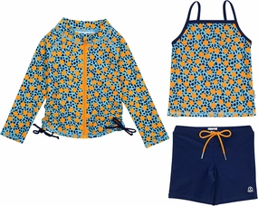 SwimZip Girls' 3 Pc Swim Set w/Long Sleeve Rash Guard, Tankini & Shorts UPF 50 