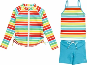 SwimZip Girls' 3 Pc Swim Set w/Long Sleeve Rash Guard, Tankini & Shorts UPF 50 