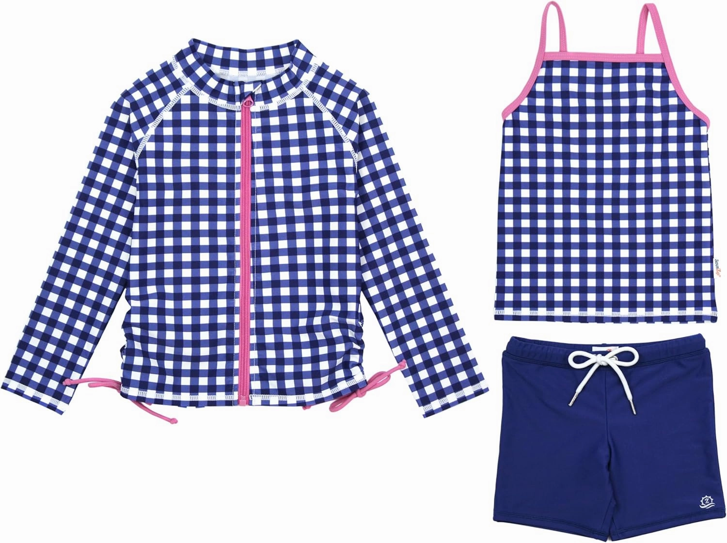 SwimZip Girls' 3 Pc Swim Set w/Long Sleeve Rash Guard, Tankini & Shorts UPF 50 