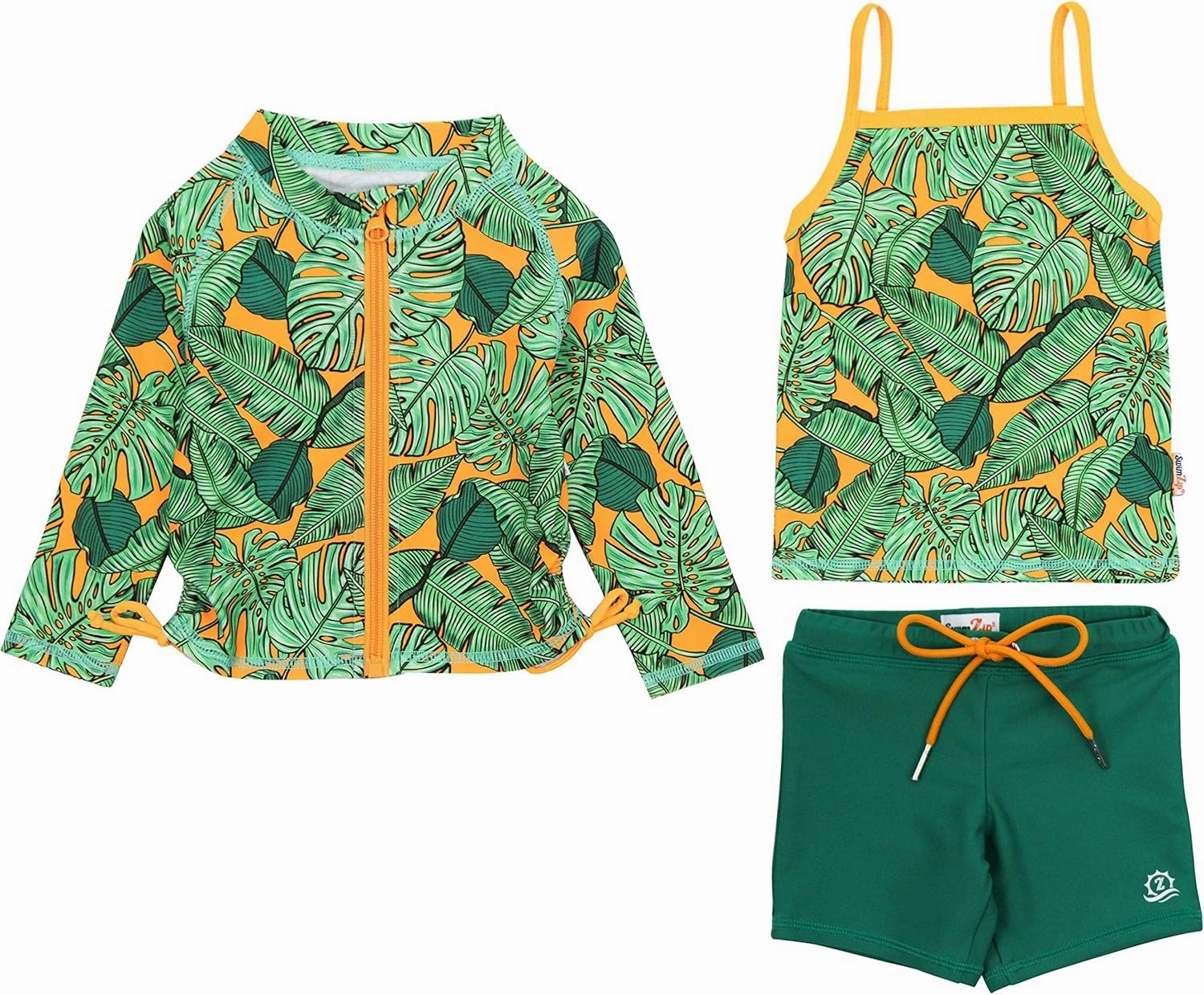 SwimZip Girls' 3 Pc Swim Set w/Long Sleeve Rash Guard, Tankini & Shorts UPF 50 