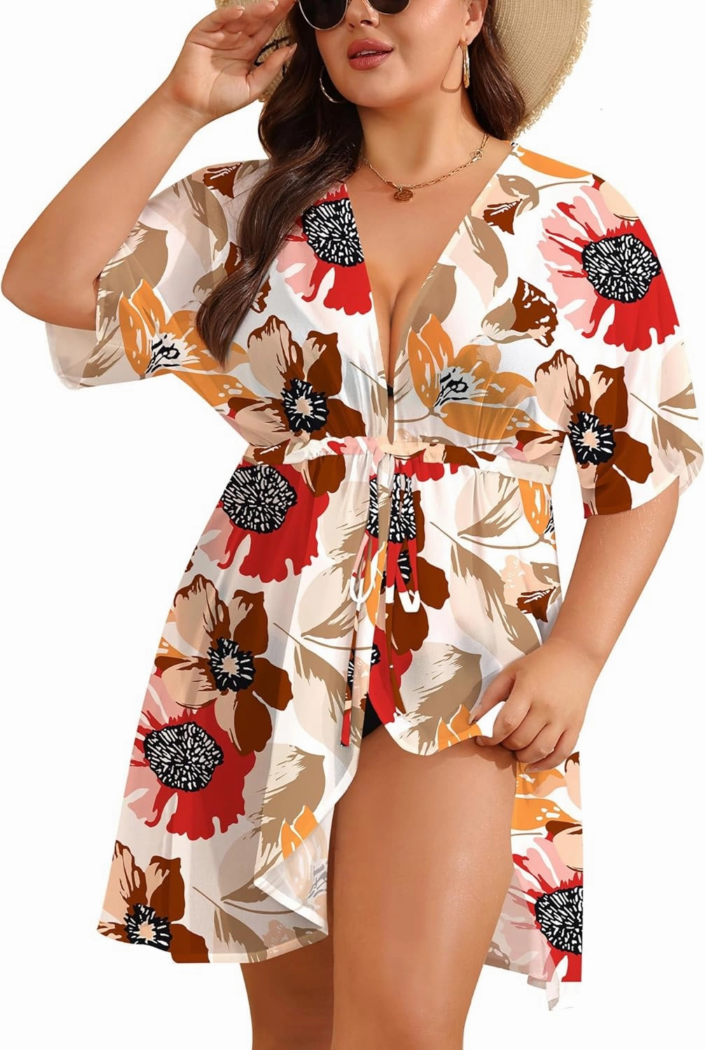 SWOMOG Plus Size Swimsuit Cover Up Women Chiffon Kimono Bikini Coverups Cardigan Open Front Summer Beachwear Swimwear