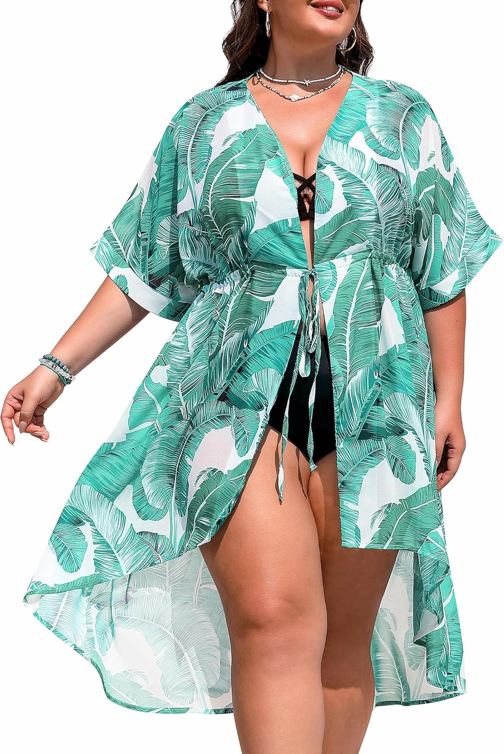 SWOMOG Women Cover Ups Plus Size Swimsuit Chiffon Kimono Long Cardigan Open Front Bathing Suit Summer Flowy Bikini Beachwear
