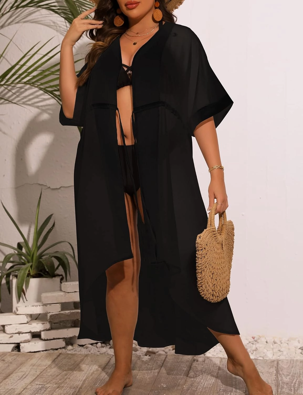 SWOMOG Women Cover Ups Plus Size Swimsuit Chiffon Kimono Long Cardigan Open Front Bathing Suit Summer Flowy Bikini Beachwear