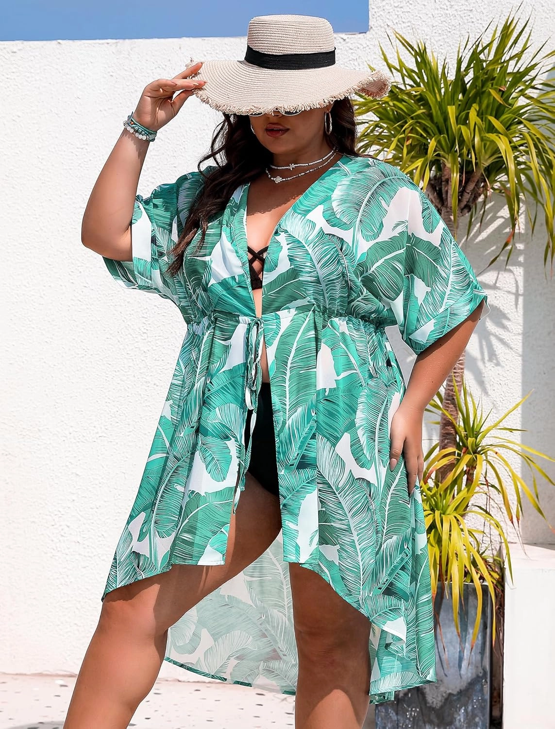 SWOMOG Women Cover Ups Plus Size Swimsuit Chiffon Kimono Long Cardigan Open Front Bathing Suit Summer Flowy Bikini Beachwear