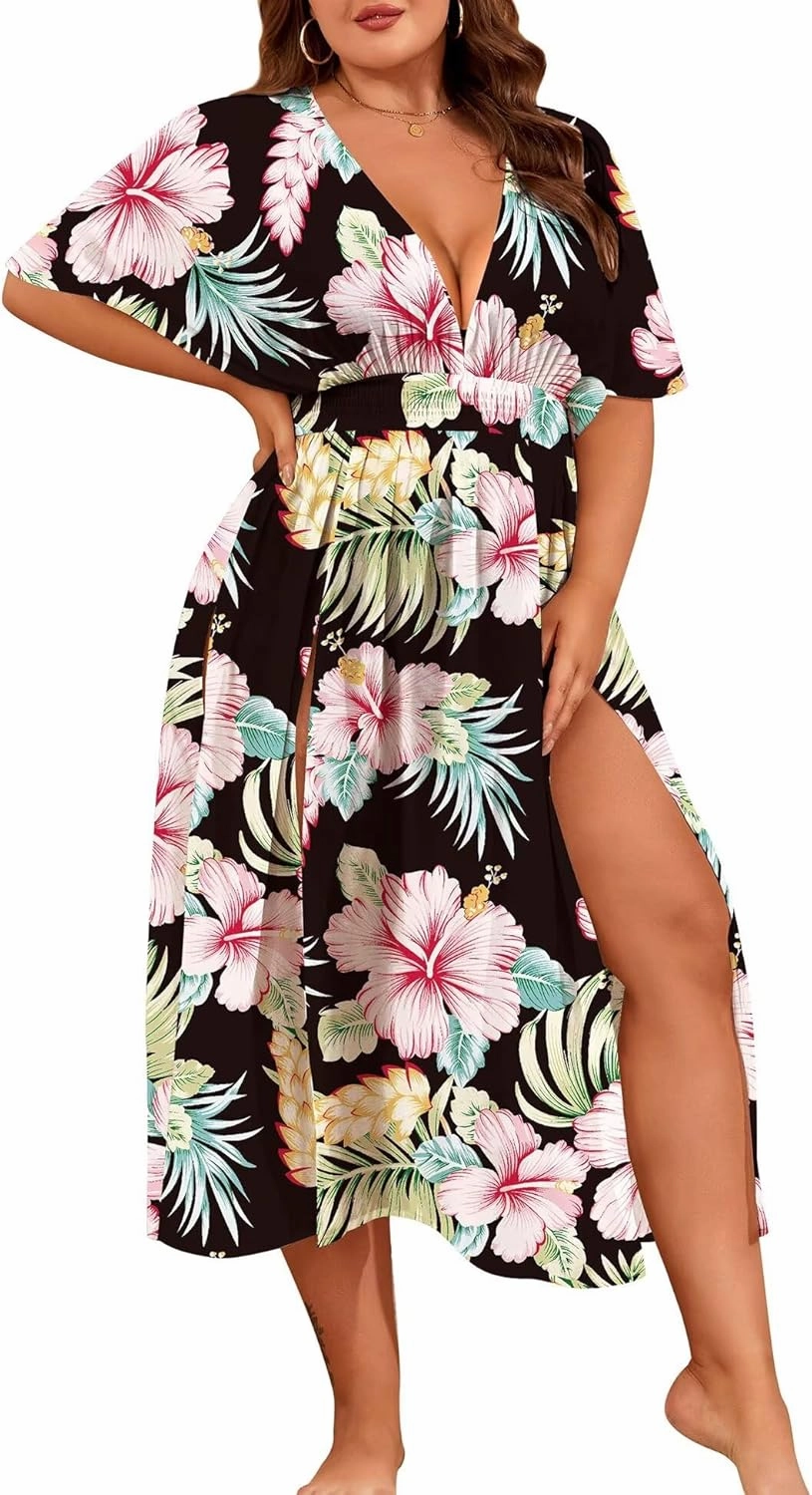 SWOMOG Women Plus Size Swimsuit Cover Up Bikini Bathing Suit Sexy Deep V Neck Swim Beach Dresses Summer Beachwear