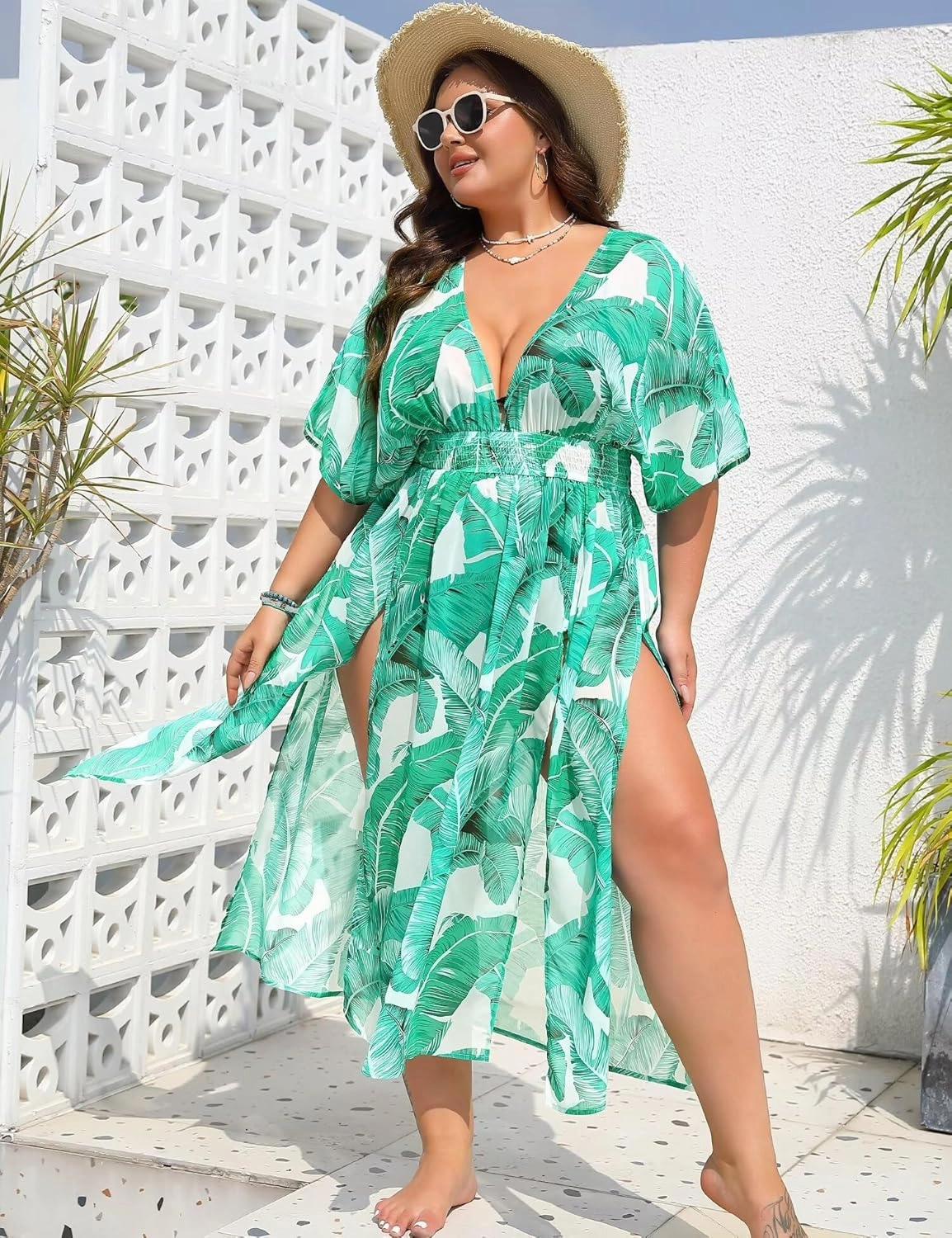 SWOMOG Women Plus Size Swimsuit Cover Up Bikini Bathing Suit Sexy Deep V Neck Swim Beach Dresses Summer Beachwear