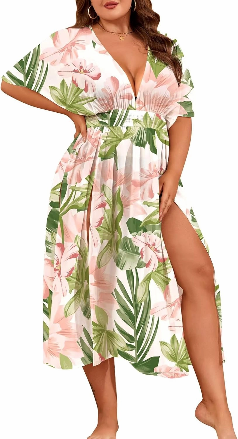 SWOMOG Women Plus Size Swimsuit Cover Up Bikini Bathing Suit Sexy Deep V Neck Swim Beach Dresses Summer Beachwear