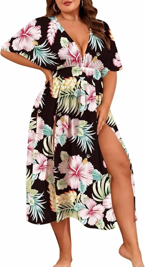 SWOMOG Women Plus Size Swimsuit Cover Up Bikini Bathing Suit Sexy Deep V Neck Swim Beach Dresses Summer Beachwear