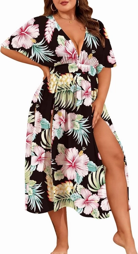 SWOMOG Women Plus Size Swimsuit Cover Up Bikini Bathing Suit Sexy Deep V Neck Swim Beach Dresses Summer Beachwear