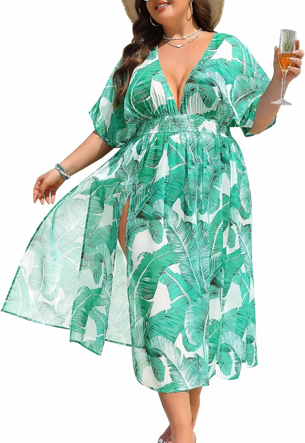 SWOMOG Women Plus Size Swimsuit Cover Up Bikini Bathing Suit Sexy Deep V Neck Swim Beach Dresses Summer Beachwear