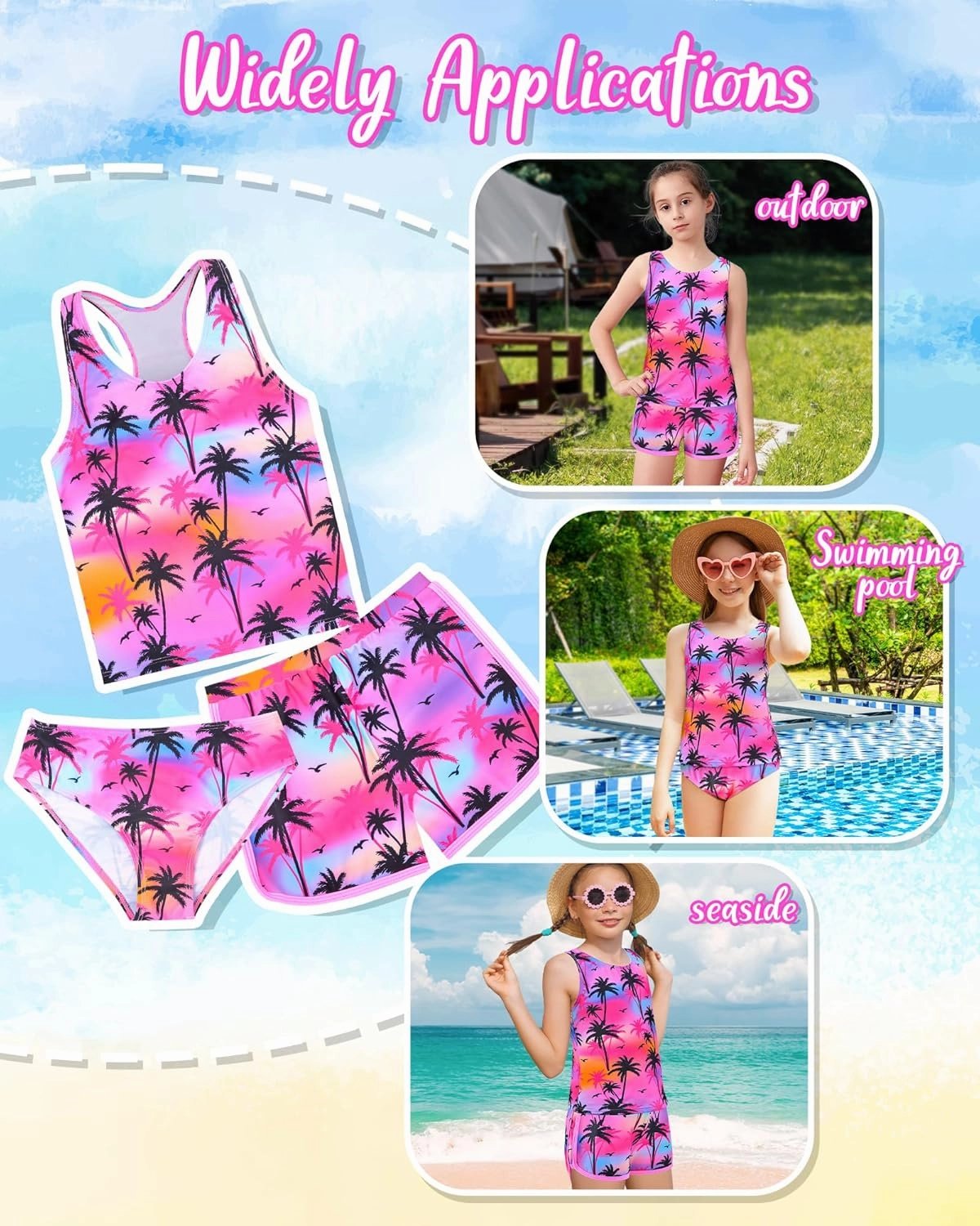 Sylfairy Girls 3 Piece Bathing Suit Summer UPF 50  Racerback Swimsuit with Shorts Beach Tankini Sets 8-15 Years
