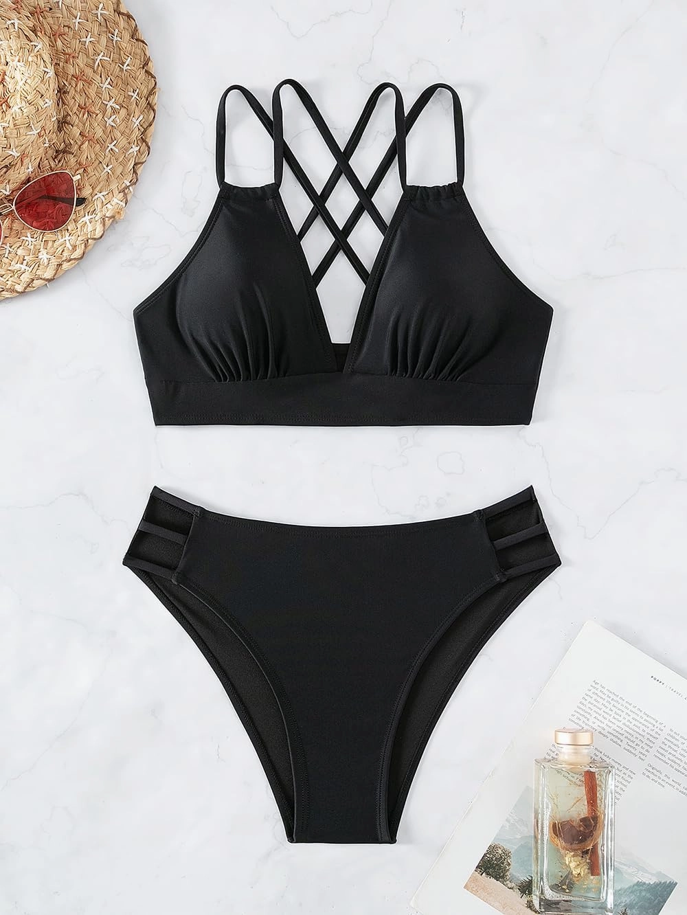 Tainehs Women's Push Up V Neck Bikini Sets Criss Cross Back Two Piece Bathing Suit
