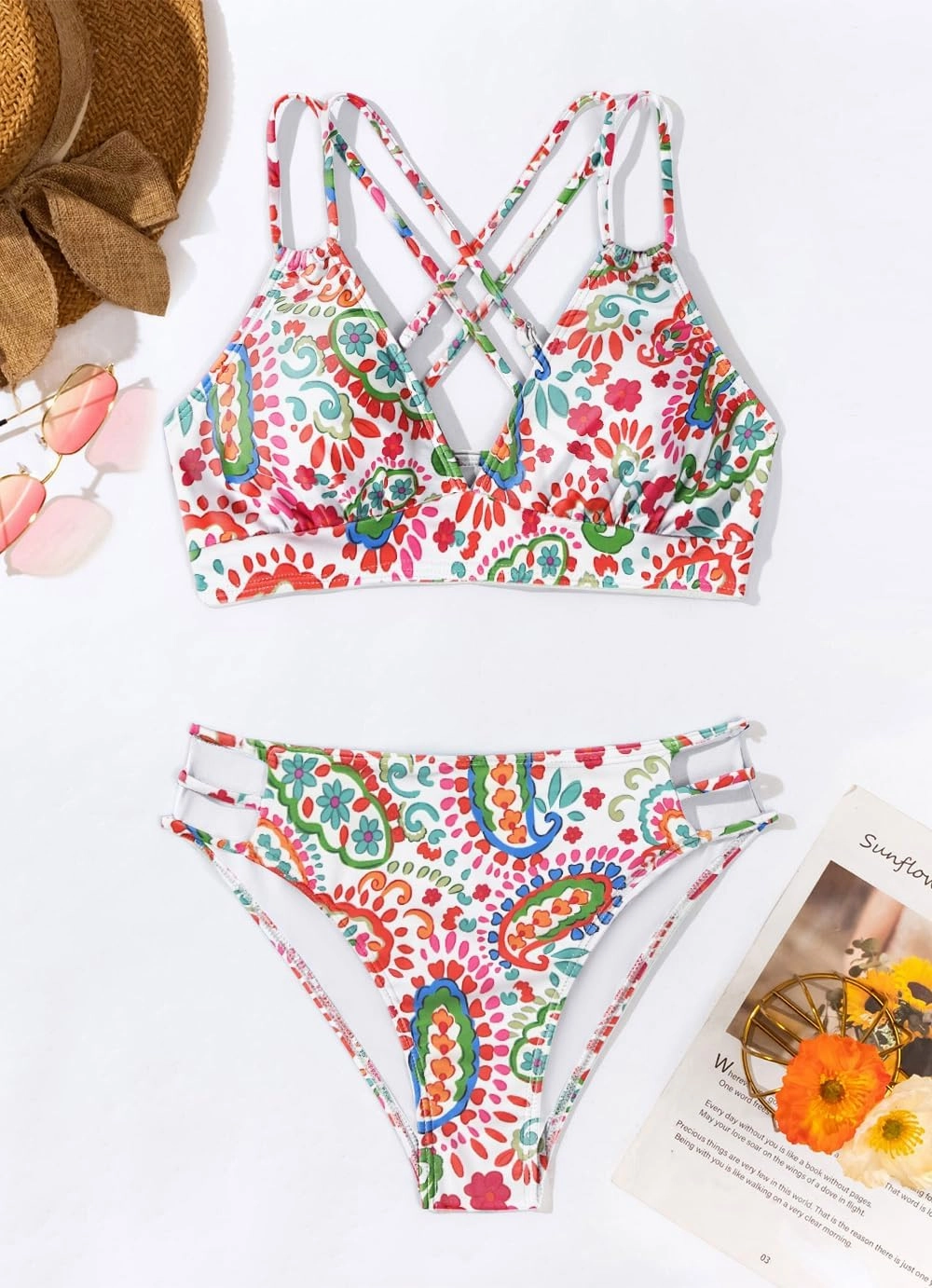 Tainehs Women's Push Up V Neck Bikini Sets Criss Cross Back Two Piece Bathing Suit