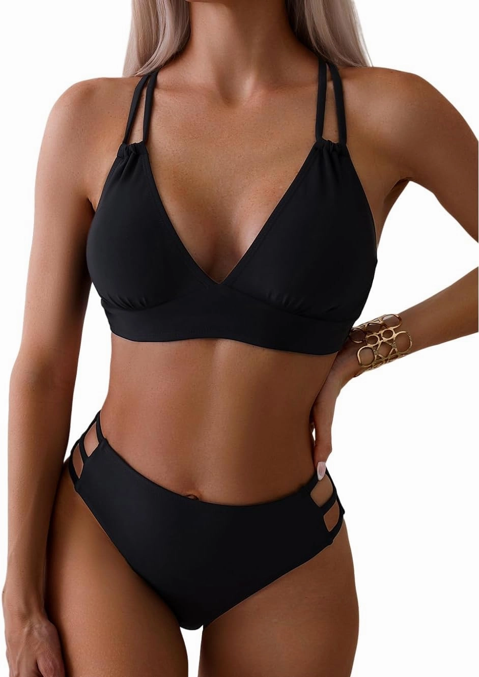 Tainehs Women's Push Up V Neck Bikini Sets Criss Cross Back Two Piece Bathing Suit