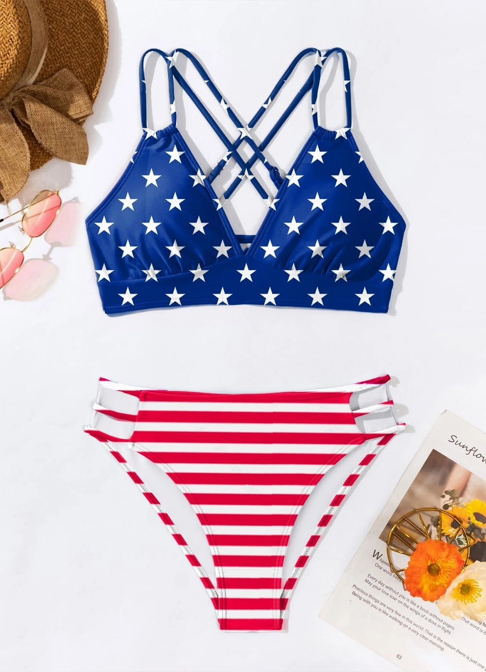 Tainehs Women's Push Up V Neck Bikini Sets Criss Cross Back Two Piece Bathing Suit