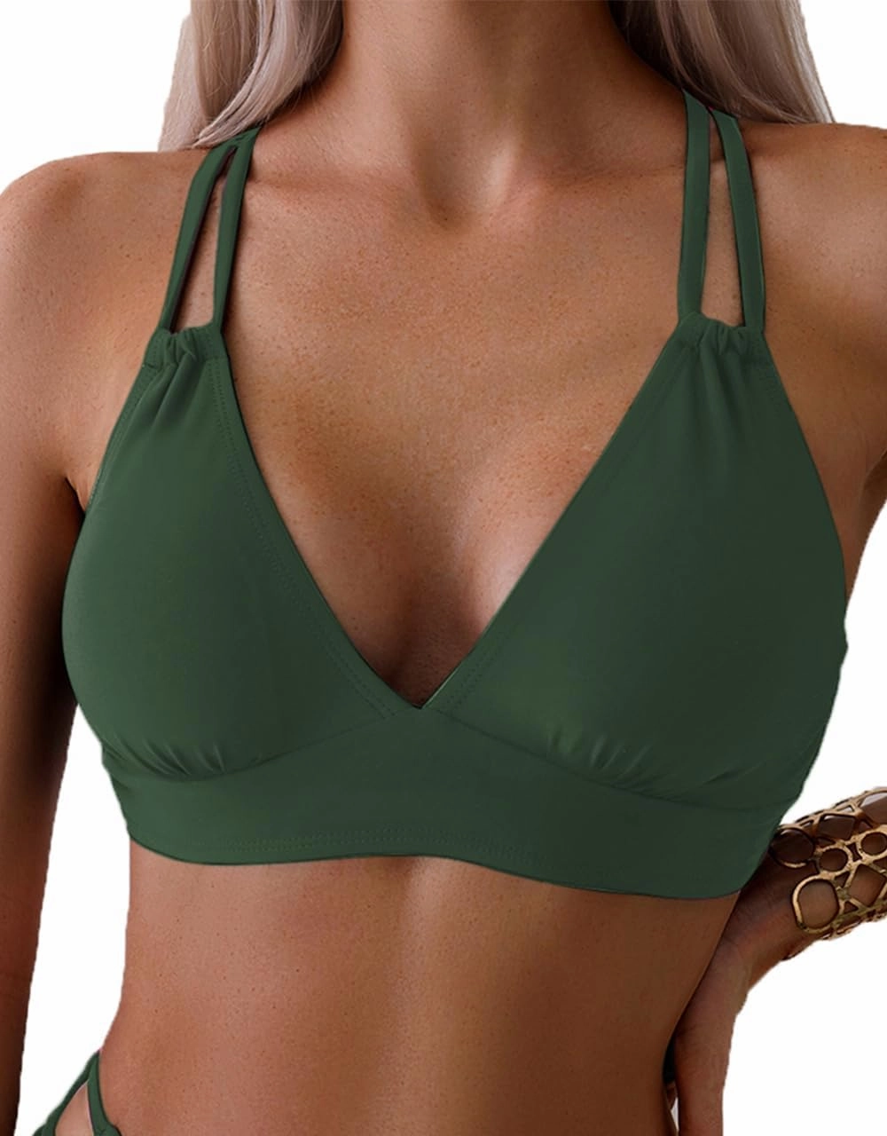 Tainehs Women's Push Up V Neck Bikini Tops Criss Cross Back Padded Bathing Suit Top Only