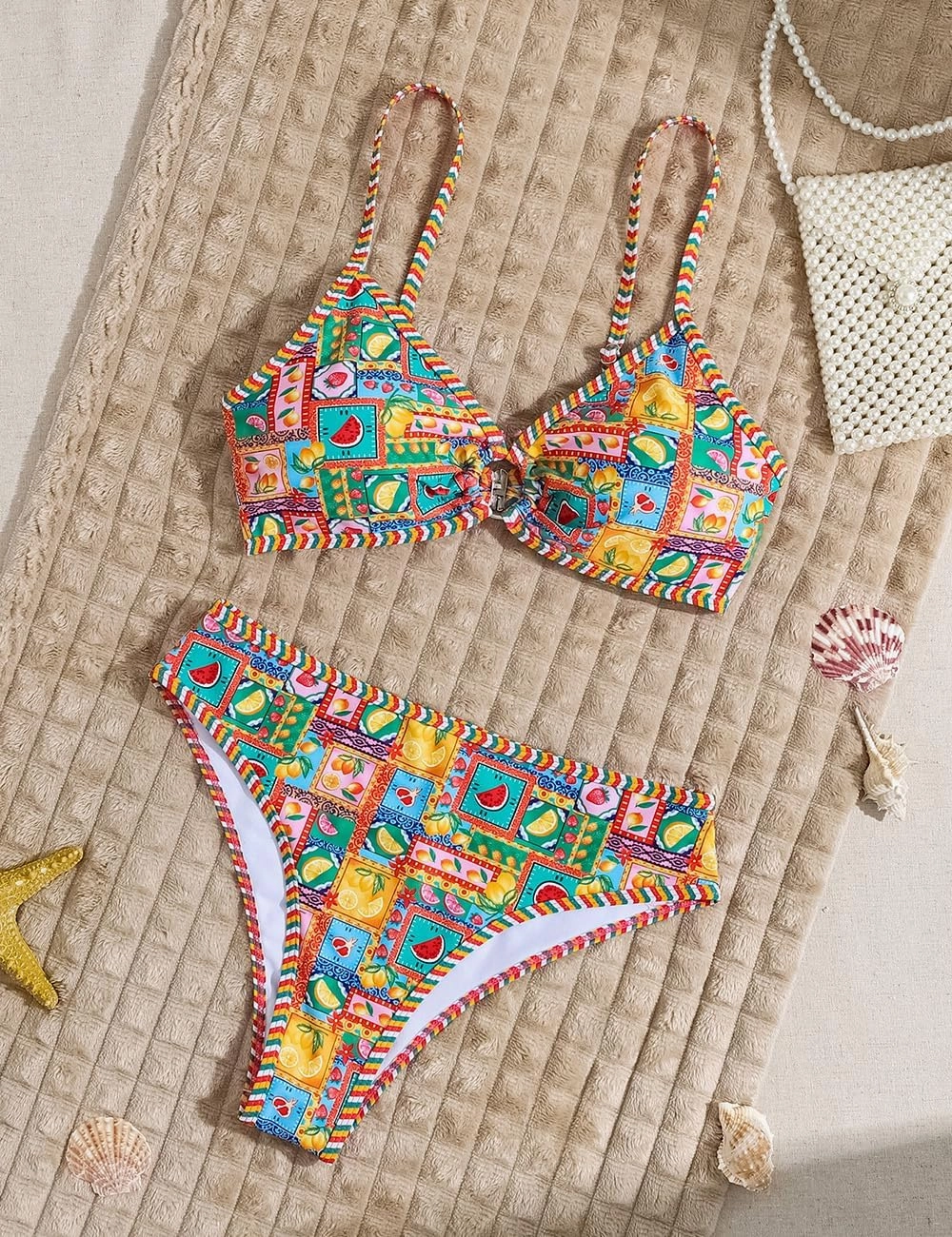 Tainehs Women's Two Piece Bikini Sets O Ring Front Top Ditsy Floral Triangle Swimsuits Cheeky Bathing Suit