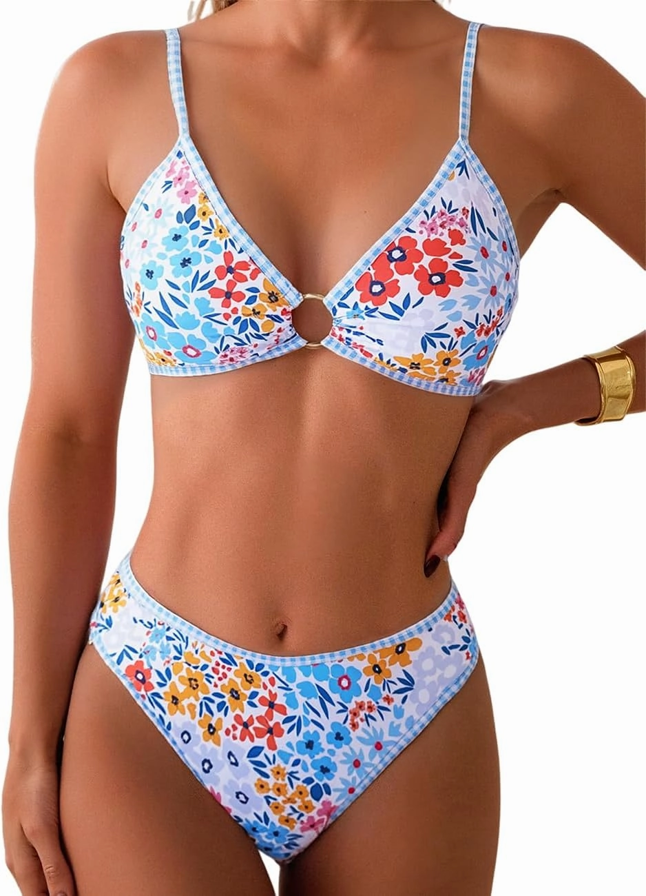 Tainehs Women's Two Piece Bikini Sets O Ring Front Top Ditsy Floral Triangle Swimsuits Cheeky Bathing Suit