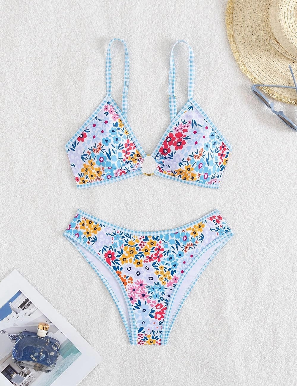 Tainehs Women's Two Piece Bikini Sets O Ring Front Top Ditsy Floral Triangle Swimsuits Cheeky Bathing Suit