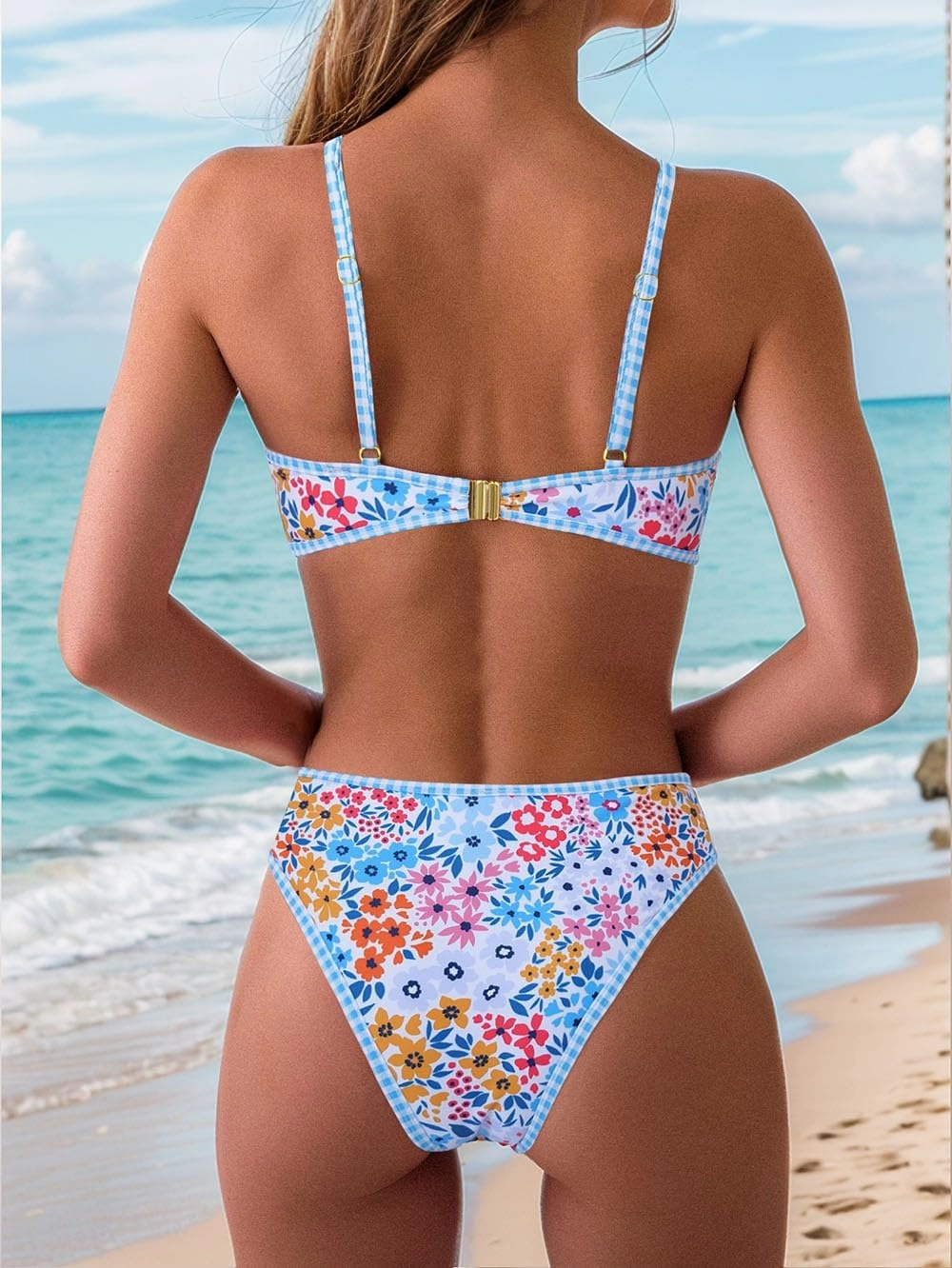 Tainehs Women's Two Piece Bikini Sets O Ring Front Top Ditsy Floral Triangle Swimsuits Cheeky Bathing Suit