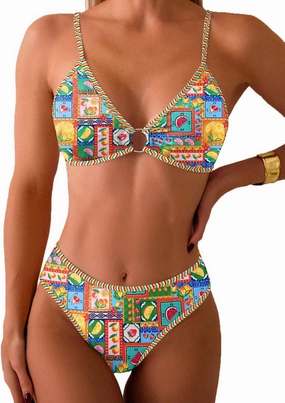 Tainehs Women's Two Piece Bikini Sets O Ring Front Top Ditsy Floral Triangle Swimsuits Cheeky Bathing Suit