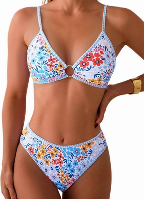 Tainehs Women's Two Piece Bikini Sets O Ring Front Top Ditsy Floral Triangle Swimsuits Cheeky Bathing Suit