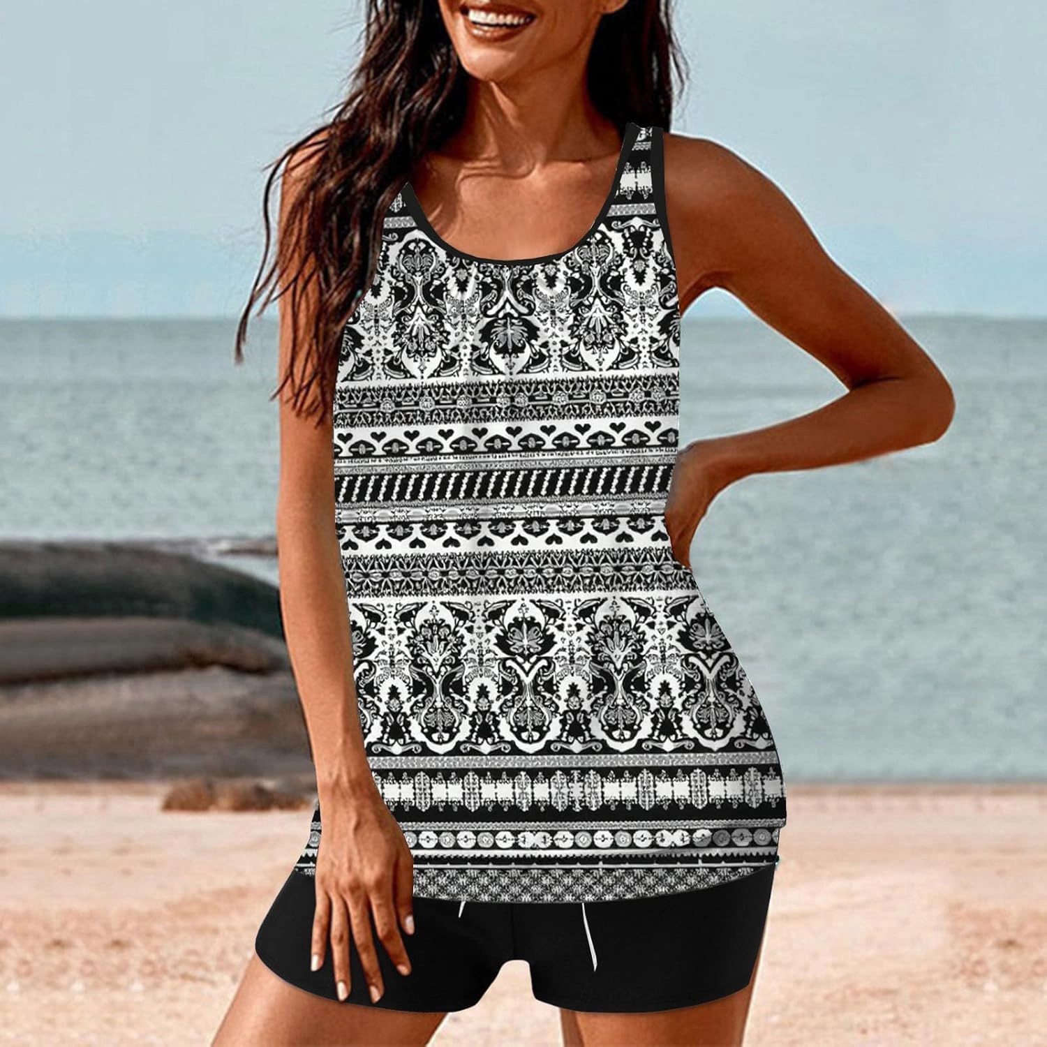 Tankini Swimsuits for Women Two Piece Bathing Suits Summer Bikini Swim Tank Top with Graphic Boyshorts Swimwear Sets