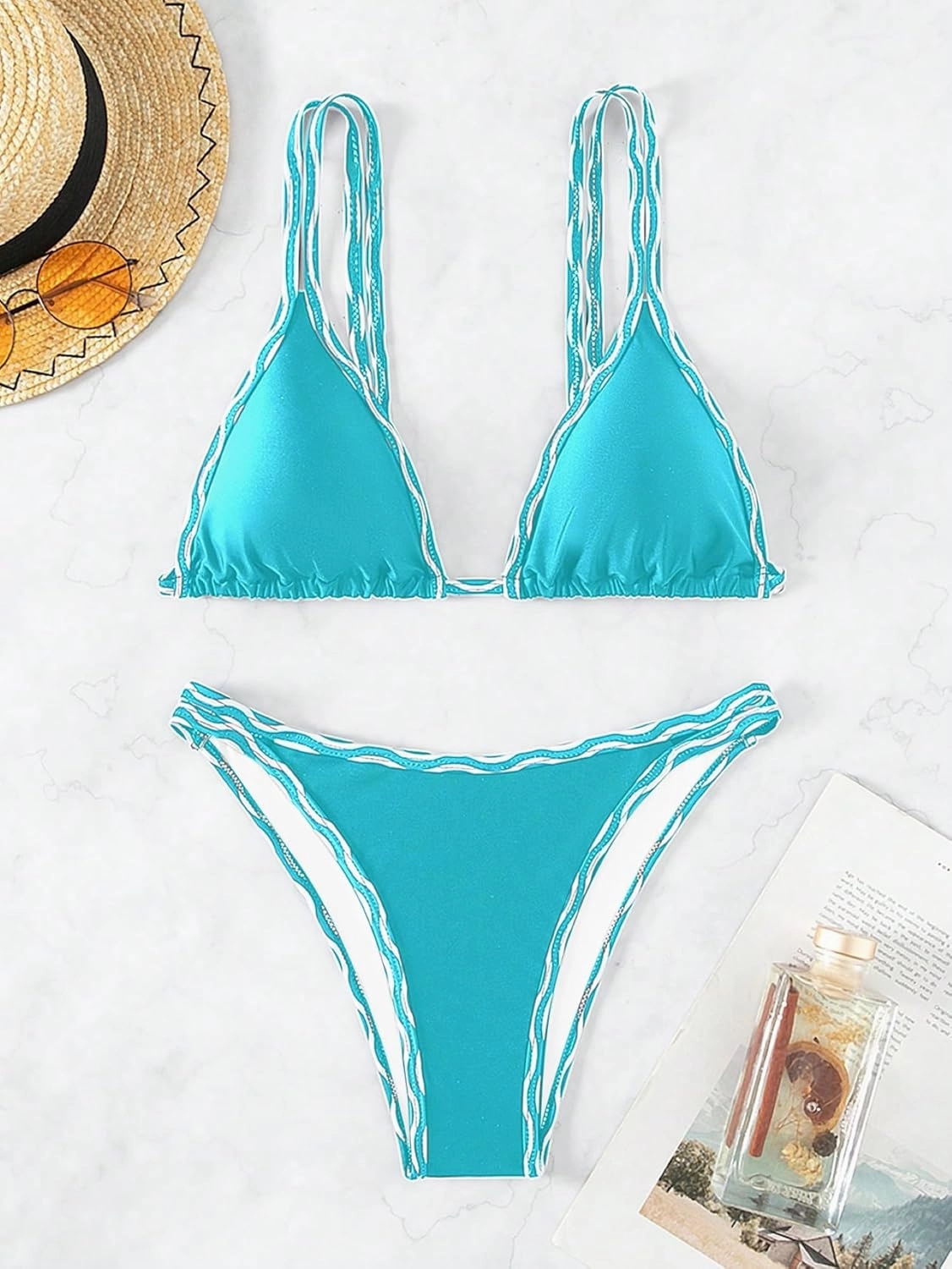 TASHEHE Women's Bikini Set High Leg Cut Double Straps Cute Triangle Swimsuit High Waist Two Piece Bathing Suit