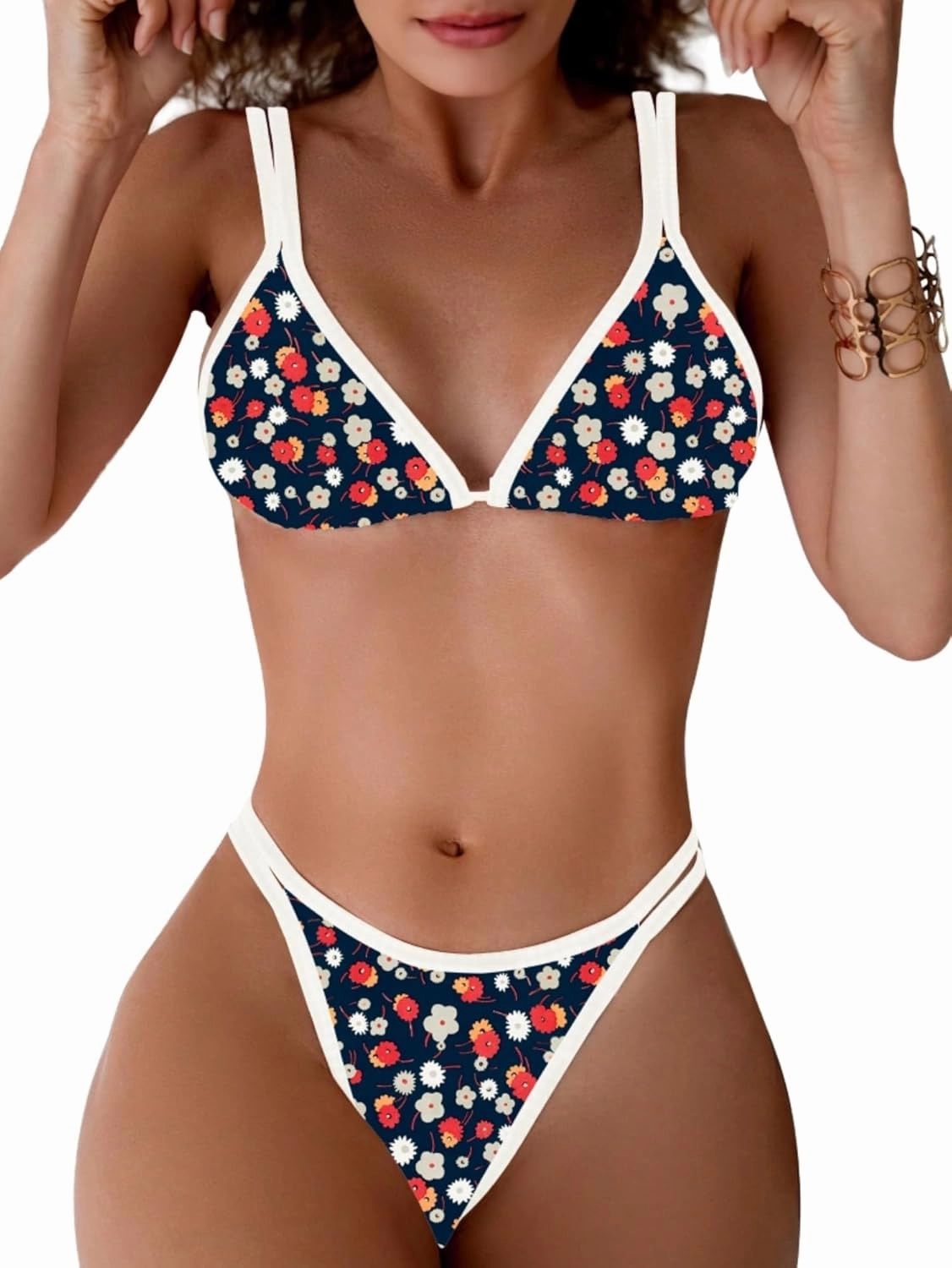 TASHEHE Women's Bikini Set High Leg Cut Double Straps Cute Triangle Swimsuit High Waist Two Piece Bathing Suit