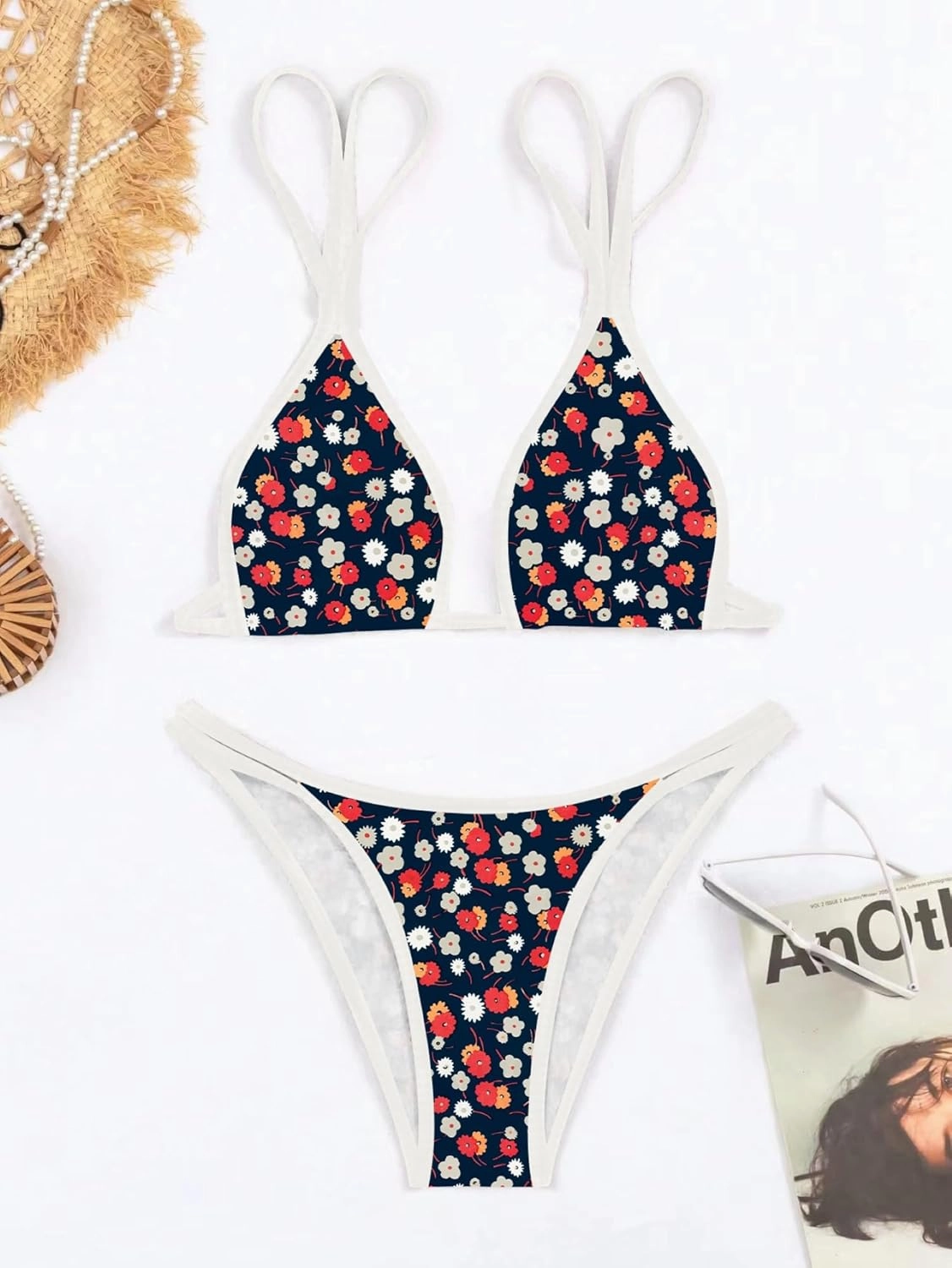 TASHEHE Women's Bikini Set High Leg Cut Double Straps Cute Triangle Swimsuit High Waist Two Piece Bathing Suit