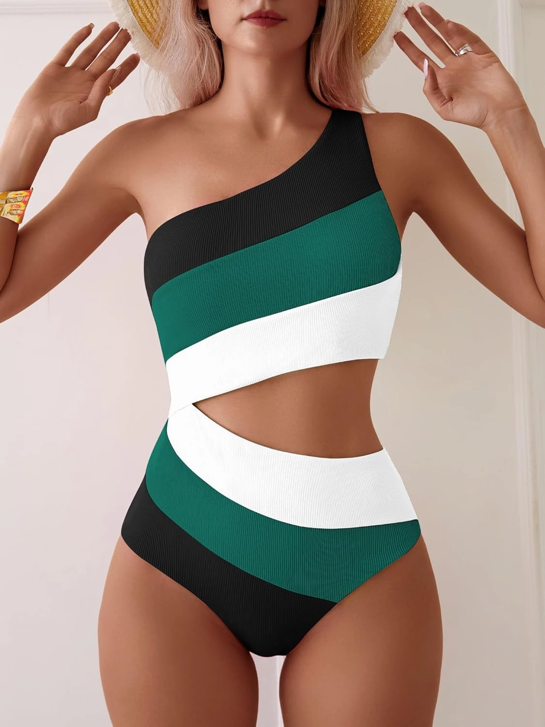 TASHEHE Women's One Shoulder One Piece Swimsuit Sexy Neon Color Block Bathing Suit Modest Full Coverage Cutout Swimwear