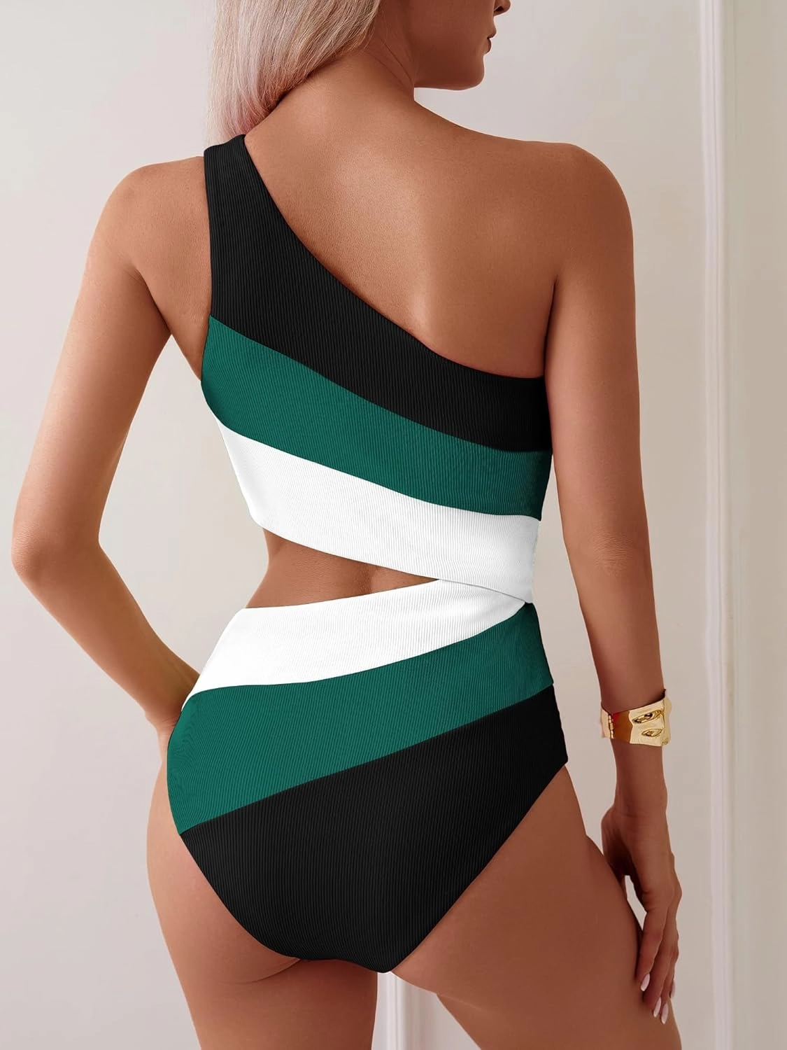TASHEHE Women's One Shoulder One Piece Swimsuit Sexy Neon Color Block Bathing Suit Modest Full Coverage Cutout Swimwear