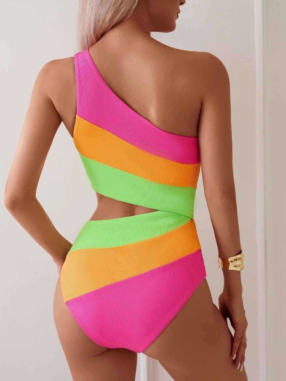 TASHEHE Women's One Shoulder One Piece Swimsuit Sexy Neon Color Block Bathing Suit Modest Full Coverage Cutout Swimwear