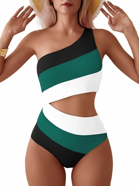 TASHEHE Women's One Shoulder One Piece Swimsuit Sexy Neon Color Block Bathing Suit Modest Full Coverage Cutout Swimwear