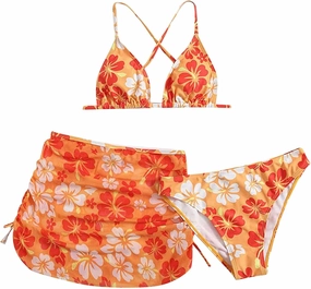 Teens Girls Flower Swimsuit 3 Piece Bathing Suits Cute Quick Dry Bikini Tankini Sets with Swim Skirt Preppy Clothes