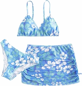 Teens Girls Flower Swimsuit 3 Piece Bathing Suits Cute Quick Dry Bikini Tankini Sets with Swim Skirt Preppy Clothes