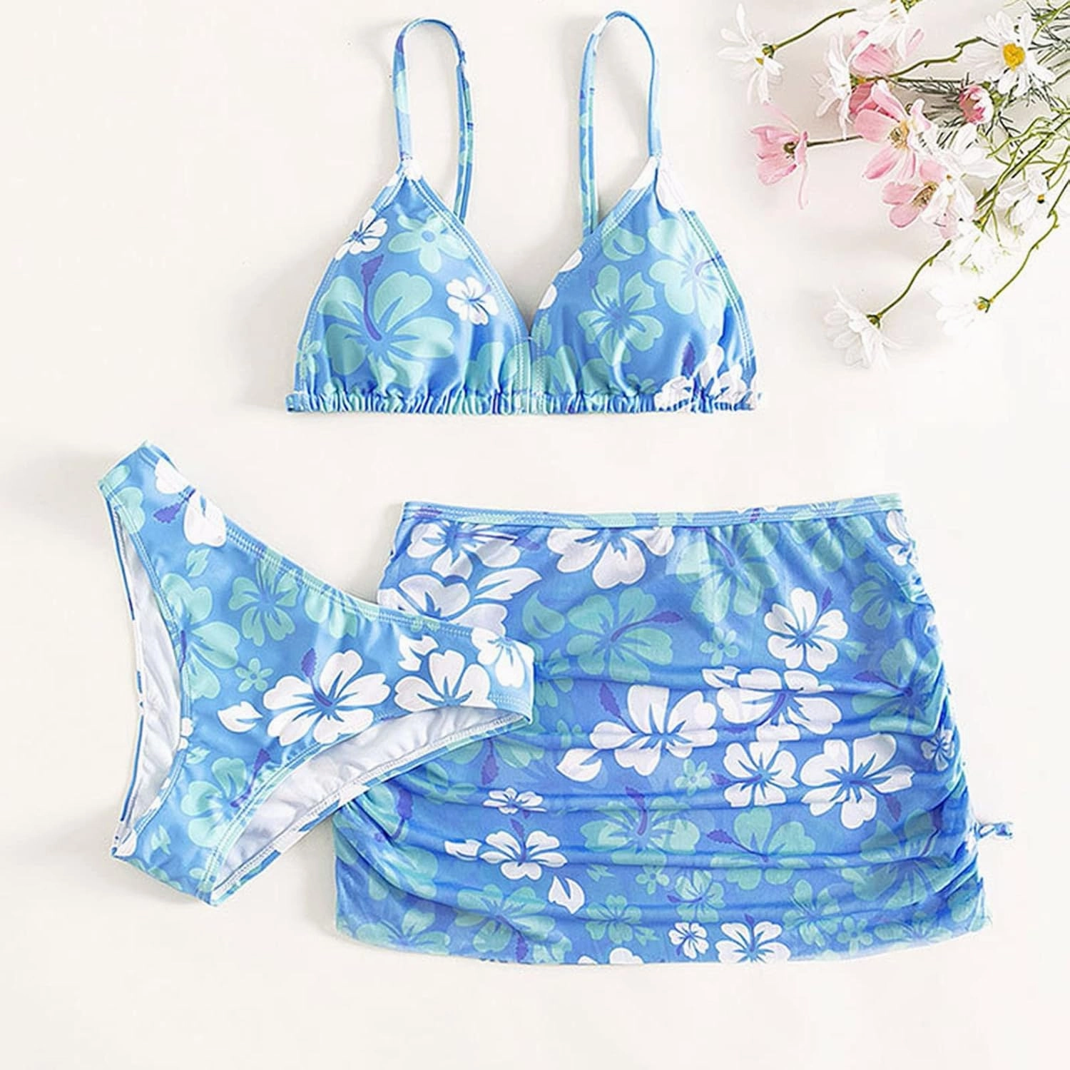 Teens Girls Flower Swimsuit 3 Piece Bathing Suits Cute Quick Dry Bikini Tankini Sets with Swim Skirt Preppy Clothes