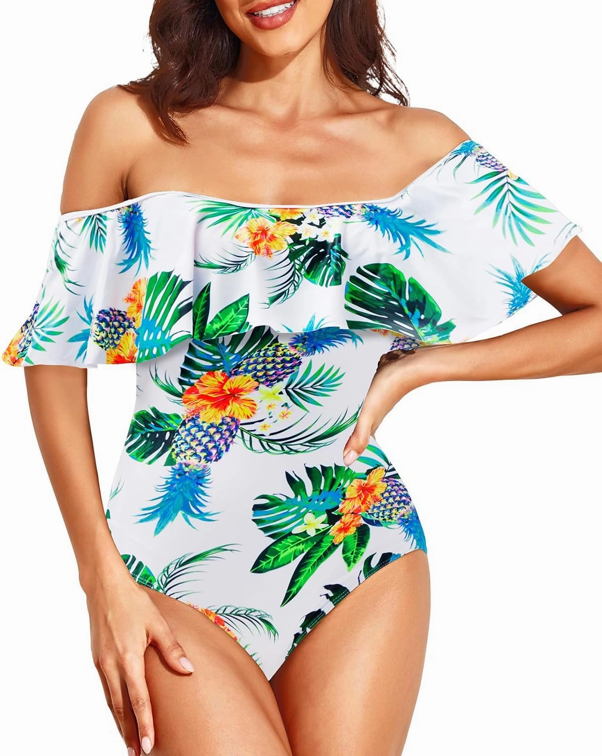 Tempt Me Off Shoulder One Piece Swimsuit for Women Ruffled Sleeves Retro Bathing Suits