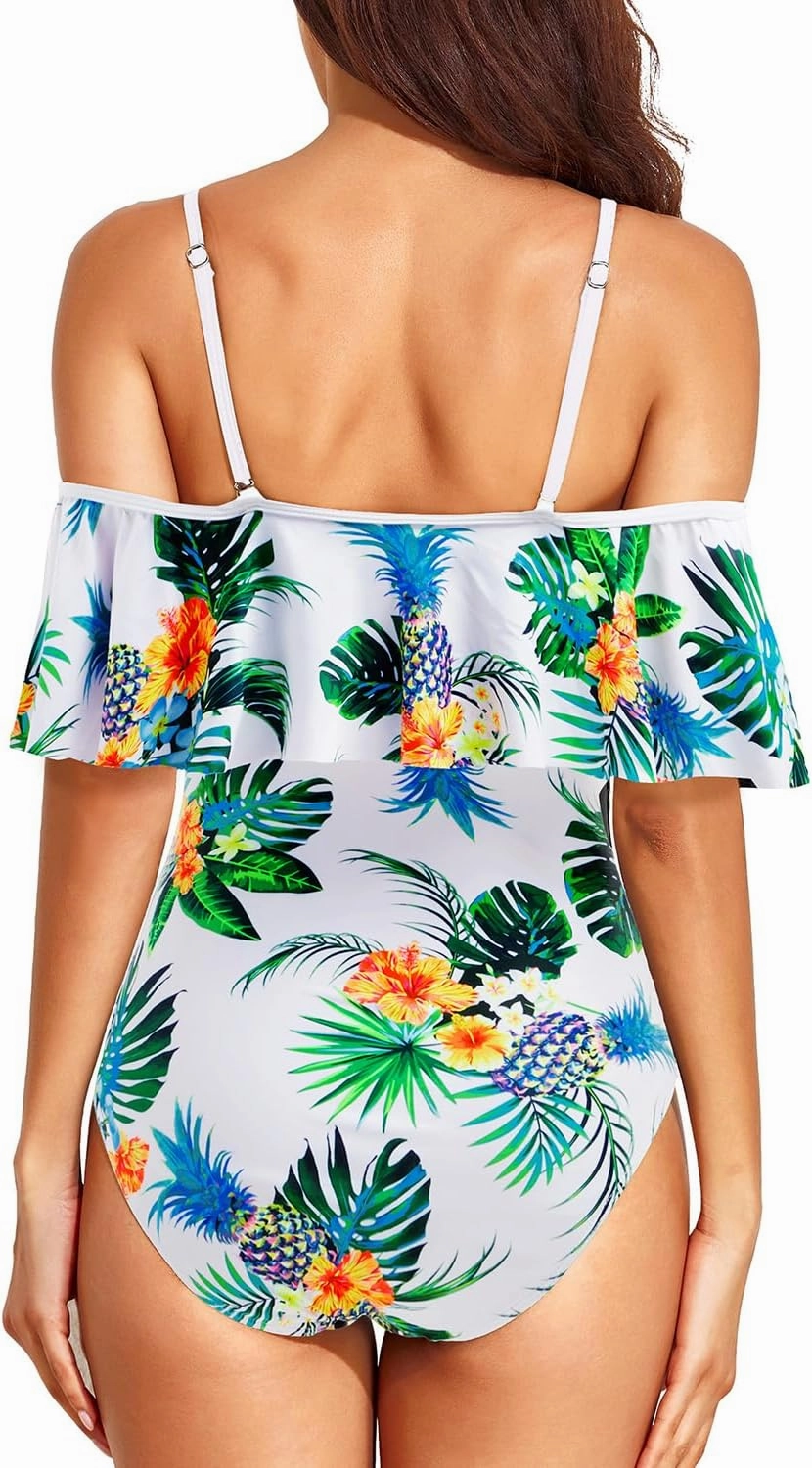 Tempt Me Off Shoulder One Piece Swimsuit for Women Ruffled Sleeves Retro Bathing Suits
