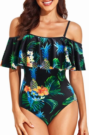 Tempt Me Off Shoulder One Piece Swimsuit for Women Ruffled Sleeves Retro Bathing Suits