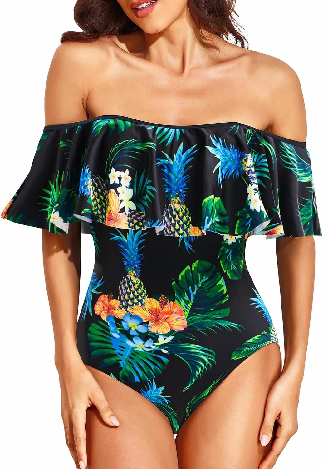 Tempt Me Off Shoulder One Piece Swimsuit for Women Ruffled Sleeves Retro Bathing Suits