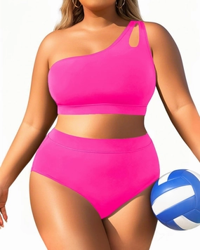 Tempt Me Plus Size High Waisted Bikini Set for Women Two Piece One Shoulder Swimsuit Keyhole Bathing Suits