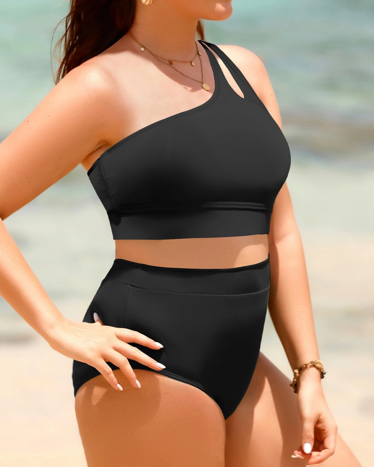 Tempt Me Plus Size High Waisted Bikini Set for Women Two Piece One Shoulder Swimsuit Keyhole Bathing Suits