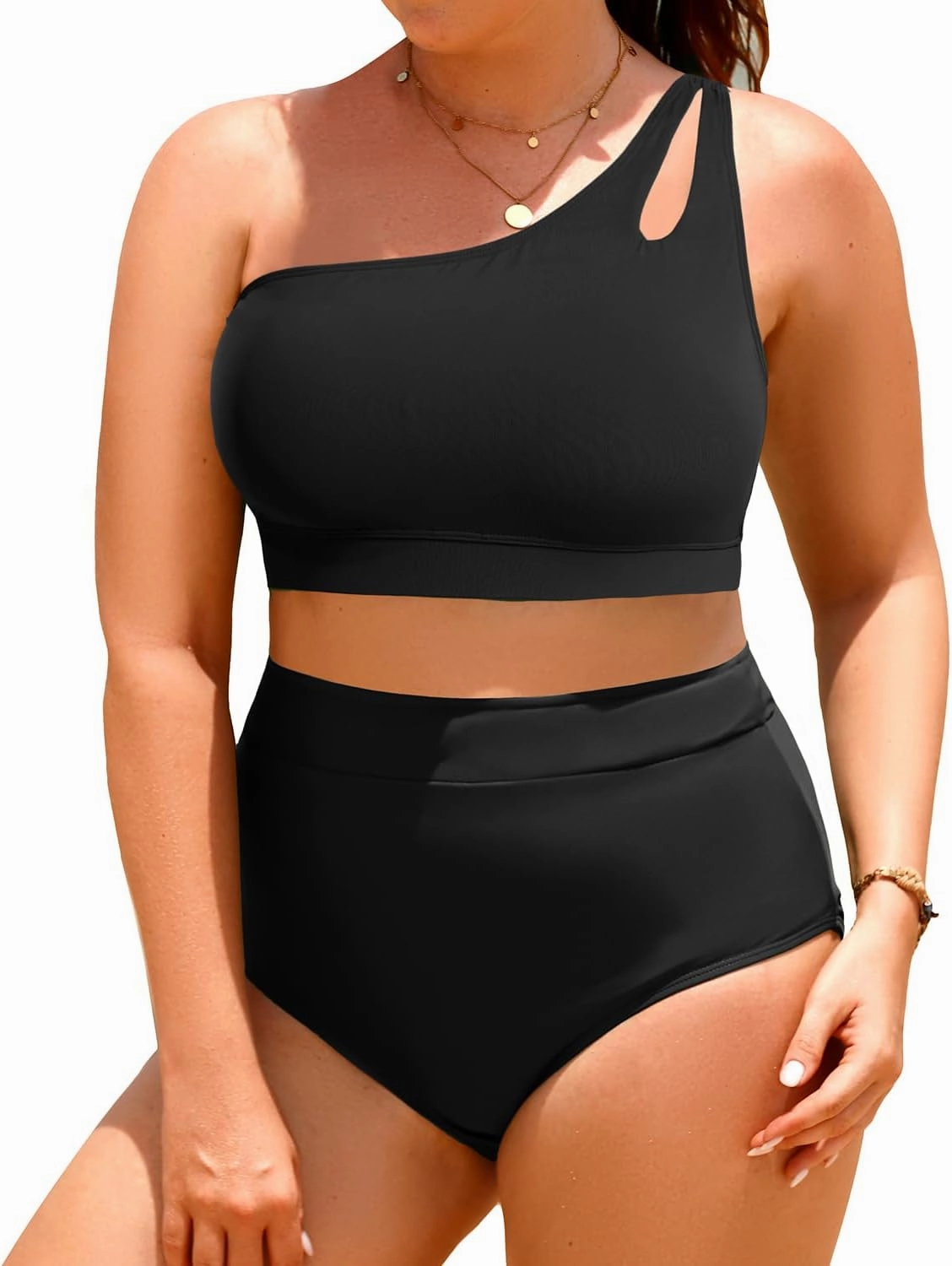 Tempt Me Plus Size High Waisted Bikini Set for Women Two Piece One Shoulder Swimsuit Keyhole Bathing Suits