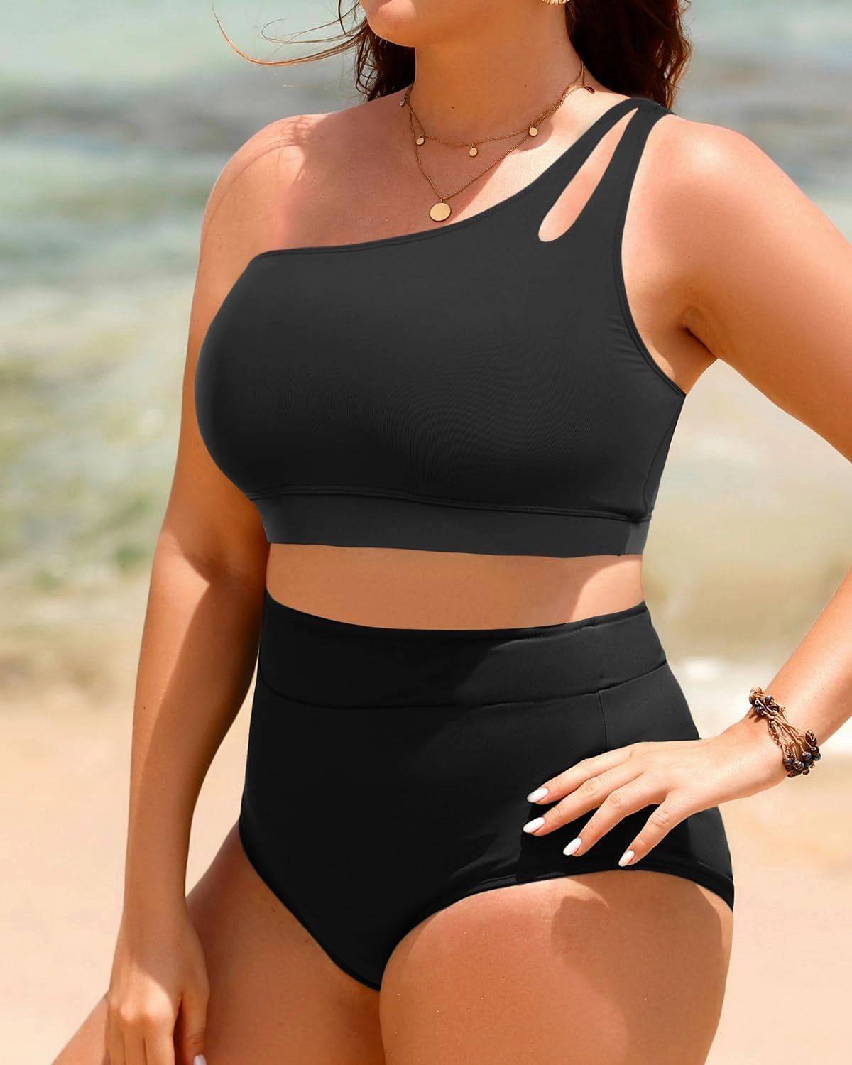 Tempt Me Plus Size High Waisted Bikini Set for Women Two Piece One Shoulder Swimsuit Keyhole Bathing Suits