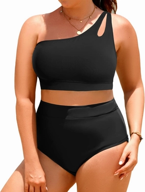 Tempt Me Plus Size High Waisted Bikini Set for Women Two Piece One Shoulder Swimsuit Keyhole Bathing Suits
