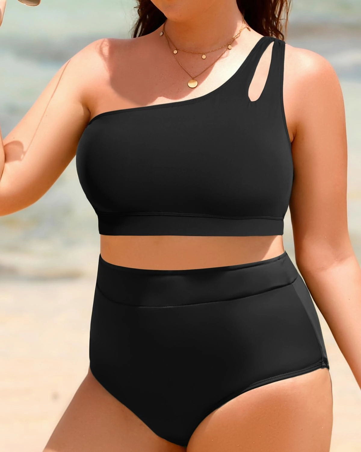 Tempt Me Plus Size High Waisted Bikini Set for Women Two Piece One Shoulder Swimsuit Keyhole Bathing Suits