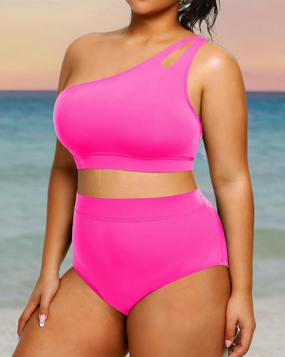 Tempt Me Plus Size High Waisted Bikini Set for Women Two Piece One Shoulder Swimsuit Keyhole Bathing Suits